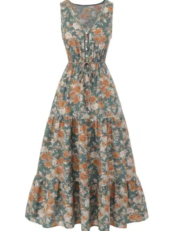 Online Retro Stage 1930s V-Neck Floral Sleeveless Dress