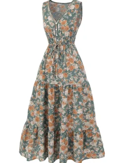 Online Retro Stage 1930s V-Neck Floral Sleeveless Dress