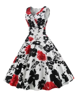 Outlet Retro Stage 1950s V-Neck Floral Sleeveless Dress