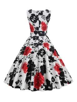 Outlet Retro Stage 1950s V-Neck Floral Sleeveless Dress