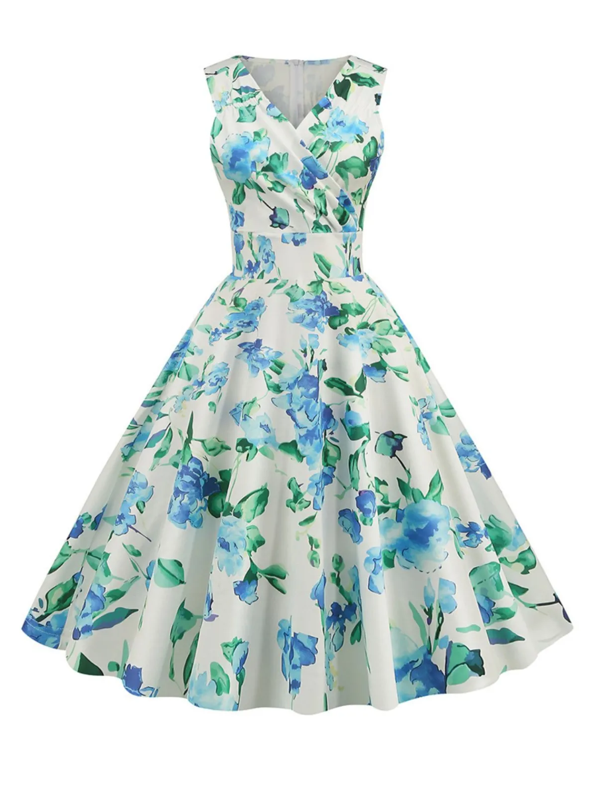 Outlet Retro Stage 1950s V-Neck Floral Sleeveless Dress