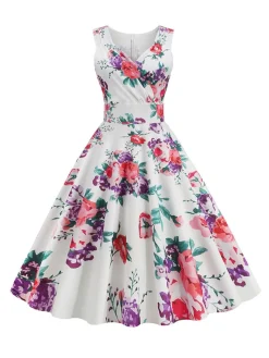 Outlet Retro Stage 1950s V-Neck Floral Sleeveless Dress