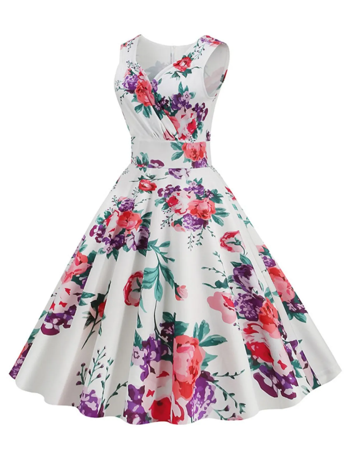 Outlet Retro Stage 1950s V-Neck Floral Sleeveless Dress