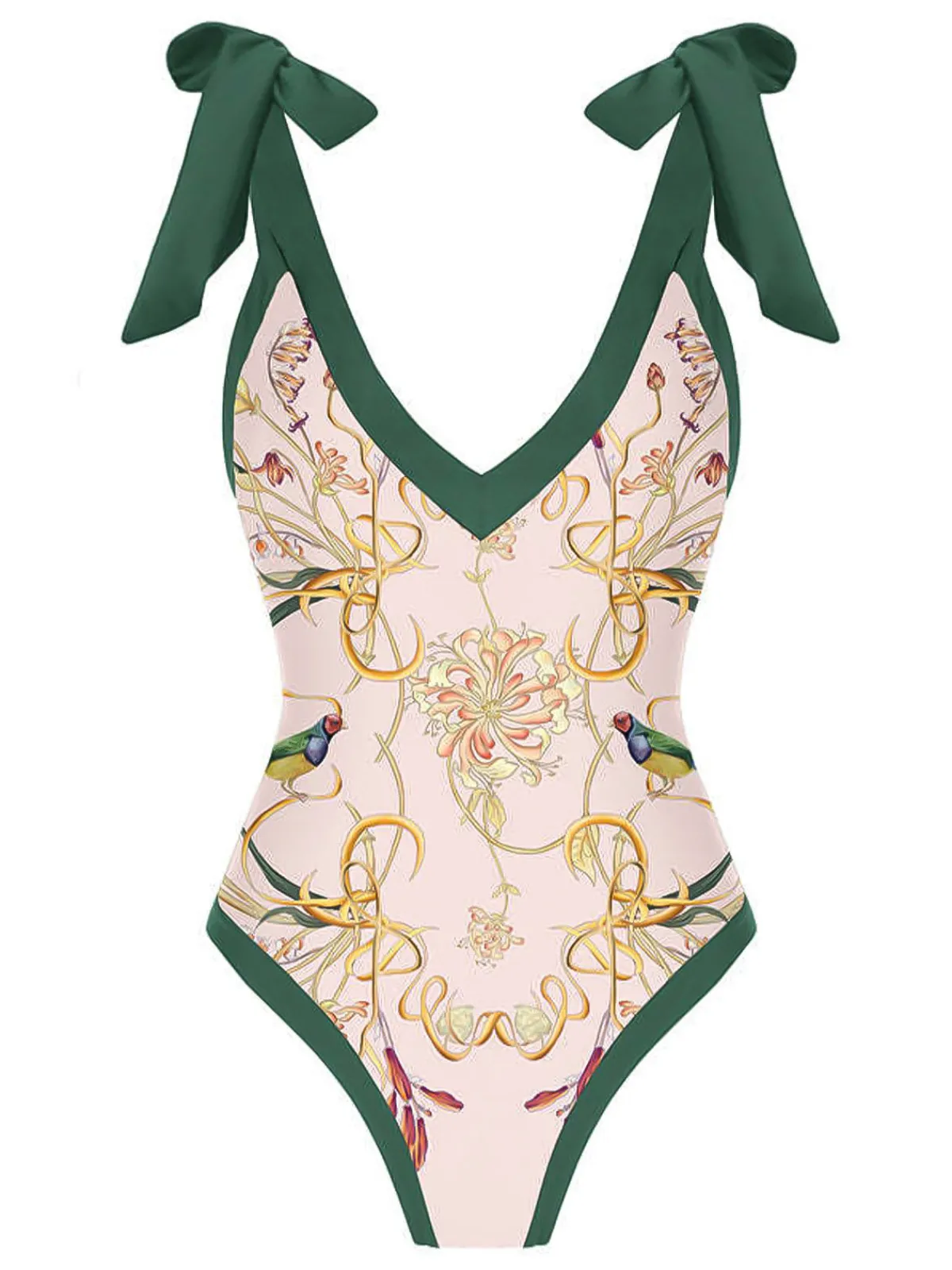 Online Retro Stage 1950s V-Neck Flowers Lacing Swimsuit