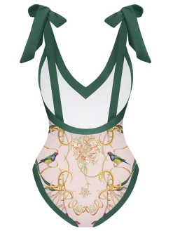 Online Retro Stage 1950s V-Neck Flowers Lacing Swimsuit