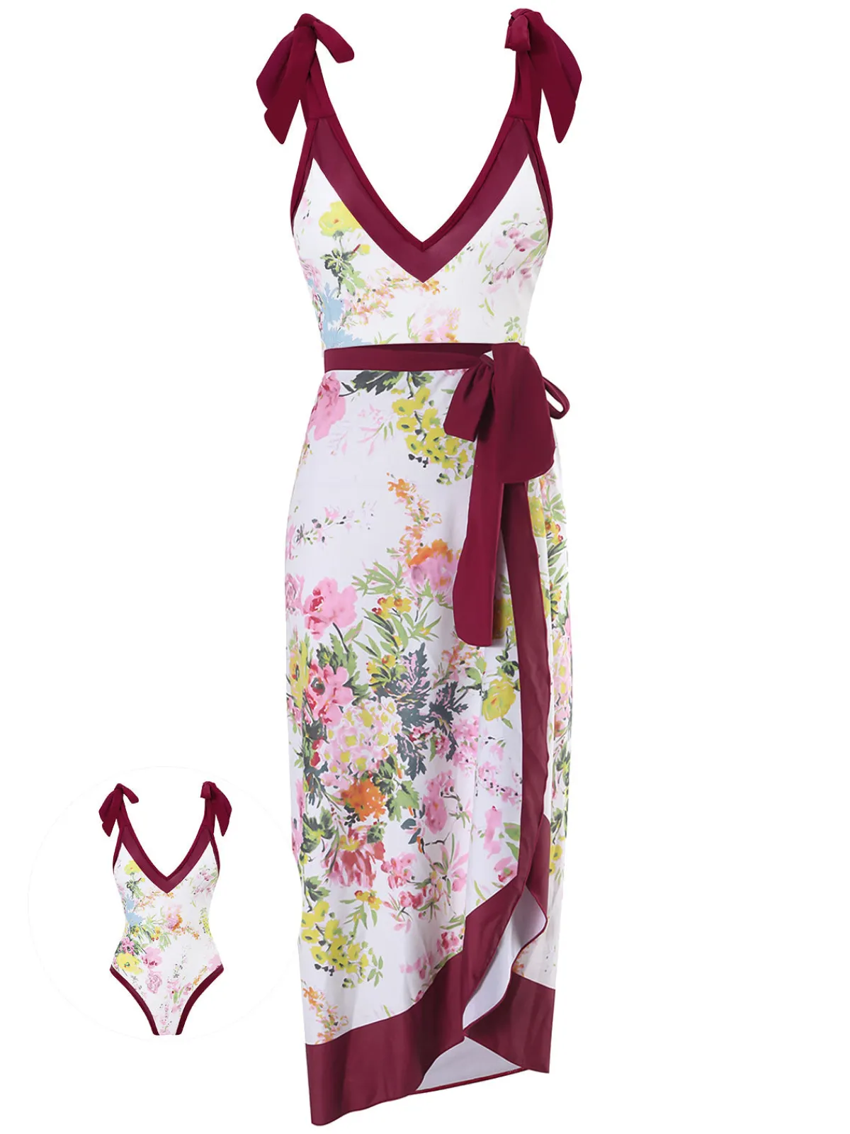New Retro Stage 1950s V-Neck Flowers Lacing Swimsuit & Cover Up