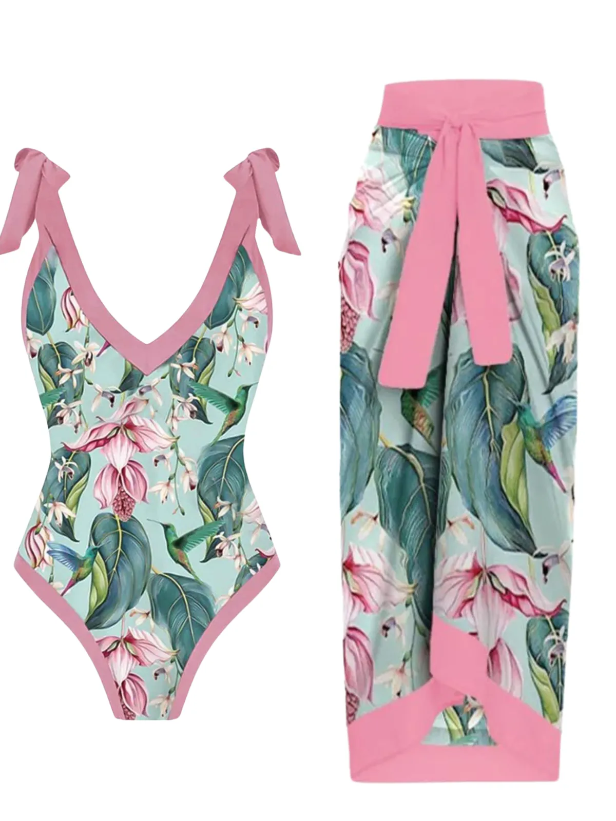 New Retro Stage 1950s V-Neck Flowers Lacing Swimsuit & Cover Up