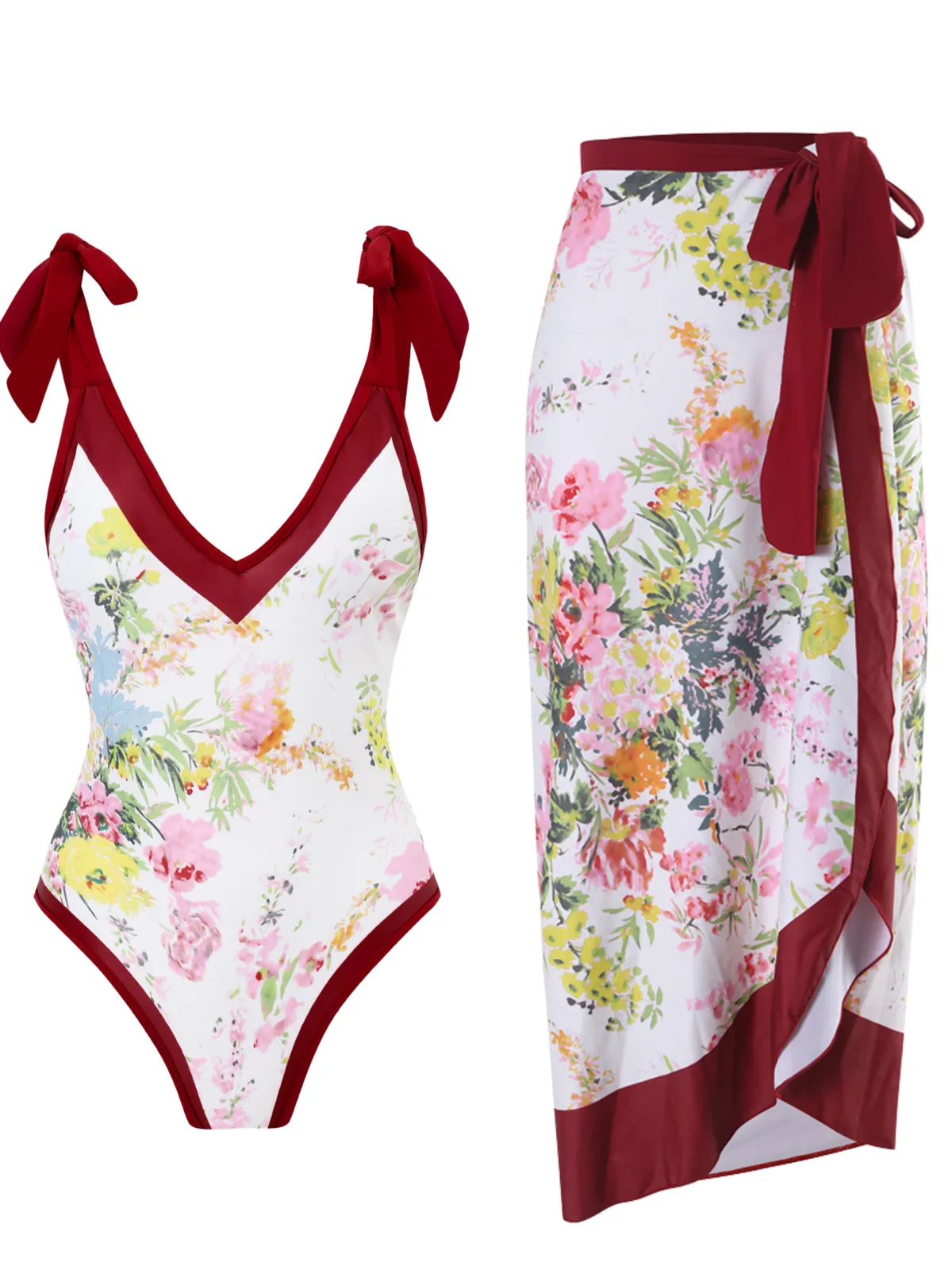 New Retro Stage 1950s V-Neck Flowers Lacing Swimsuit & Cover Up