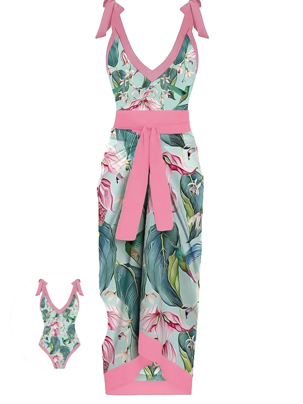 New Retro Stage 1950s V-Neck Flowers Lacing Swimsuit & Cover Up