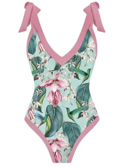 New Retro Stage 1950s V-Neck Flowers Lacing Swimsuit & Cover Up