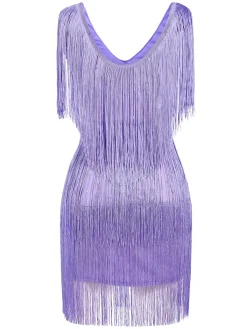 Online Retro Stage 1920s V-Neck Fringe Solid Sleeveless Dress