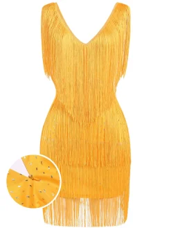 Online Retro Stage 1920s V-Neck Fringe Solid Sleeveless Dress