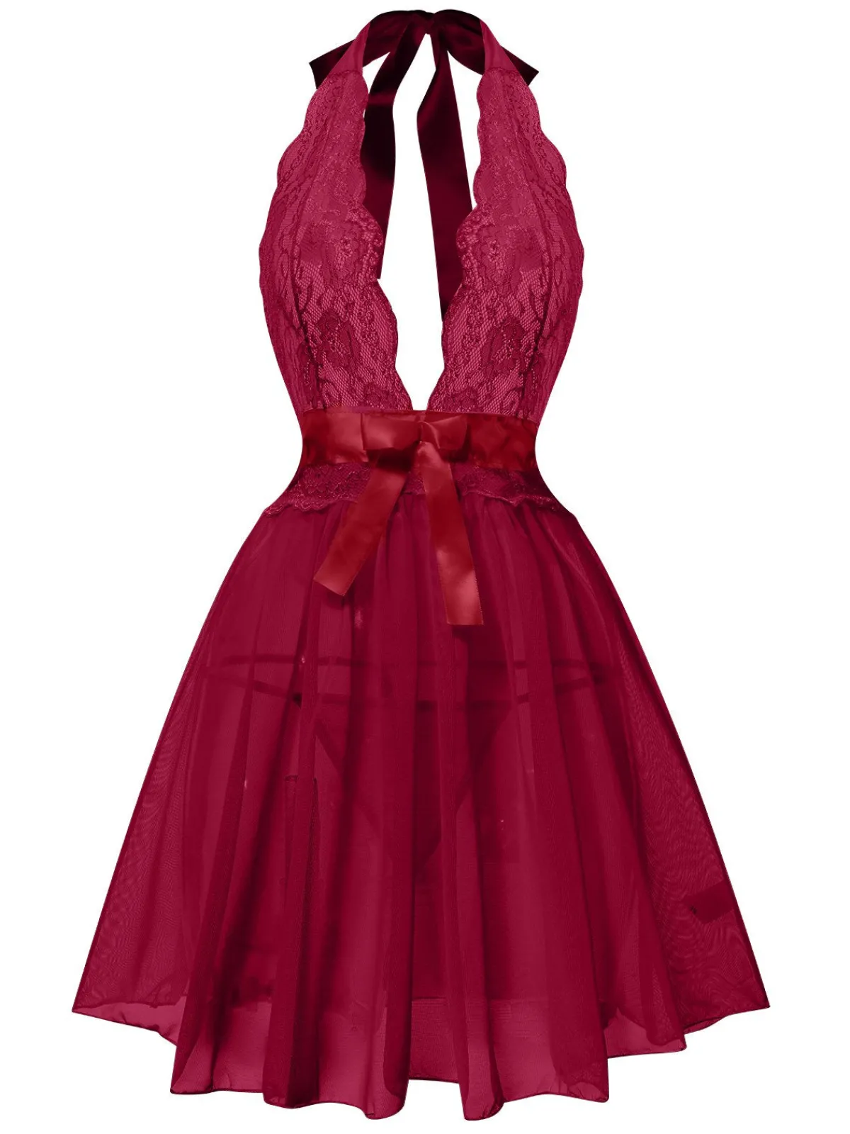 Online Retro Stage 1950s V-Neck Halter Lace Sheer Nightgown