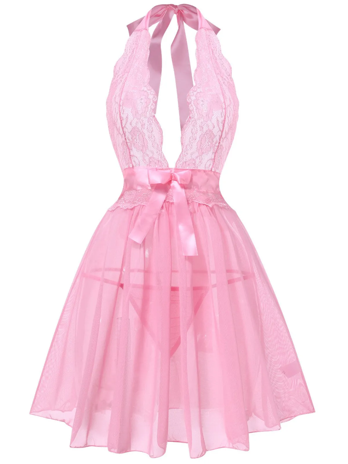 Online Retro Stage 1950s V-Neck Halter Lace Sheer Nightgown