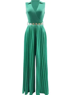 Best Retro Stage 1930s V-Neck Lapel Pleated Wide-Leg Jumpsuit
