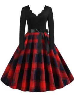 Clearance Retro Stage 1950s V-Neck Long Sleeves Plaid Swing Dress