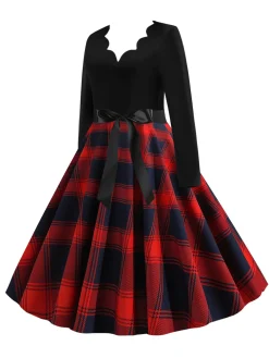 Clearance Retro Stage 1950s V-Neck Long Sleeves Plaid Swing Dress