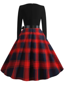 Clearance Retro Stage 1950s V-Neck Long Sleeves Plaid Swing Dress