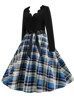 Clearance Retro Stage 1950s V-Neck Long Sleeves Plaid Swing Dress