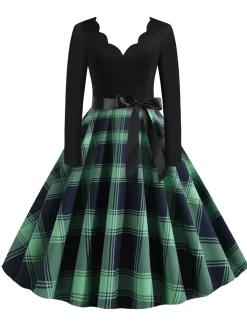 Clearance Retro Stage 1950s V-Neck Long Sleeves Plaid Swing Dress