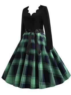 Clearance Retro Stage 1950s V-Neck Long Sleeves Plaid Swing Dress