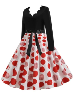 Clearance Retro Stage 1950s V-Neck Long Sleeves Plaid Swing Dress