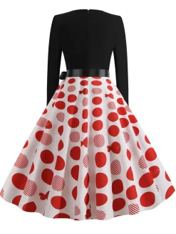 Clearance Retro Stage 1950s V-Neck Long Sleeves Plaid Swing Dress