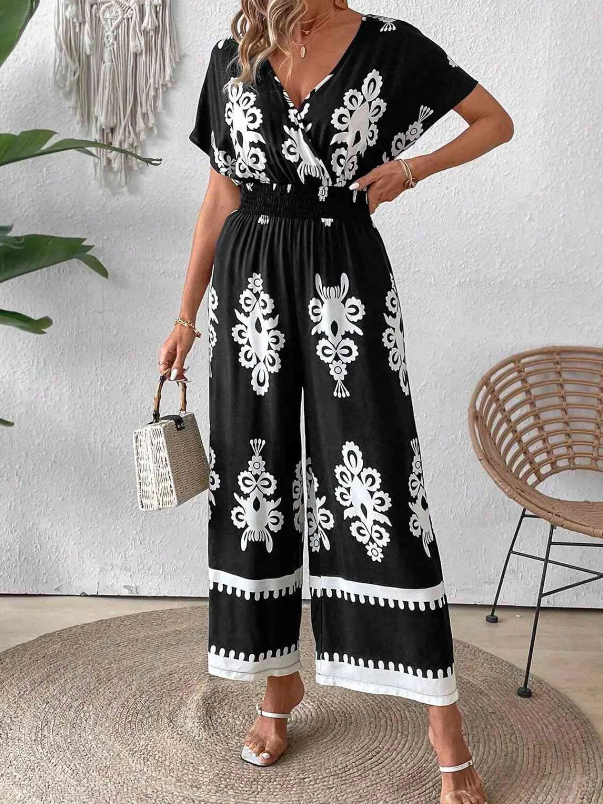 Sale Retro Stage 1930s V-Neck National Totem Wideleg Jumpsuit