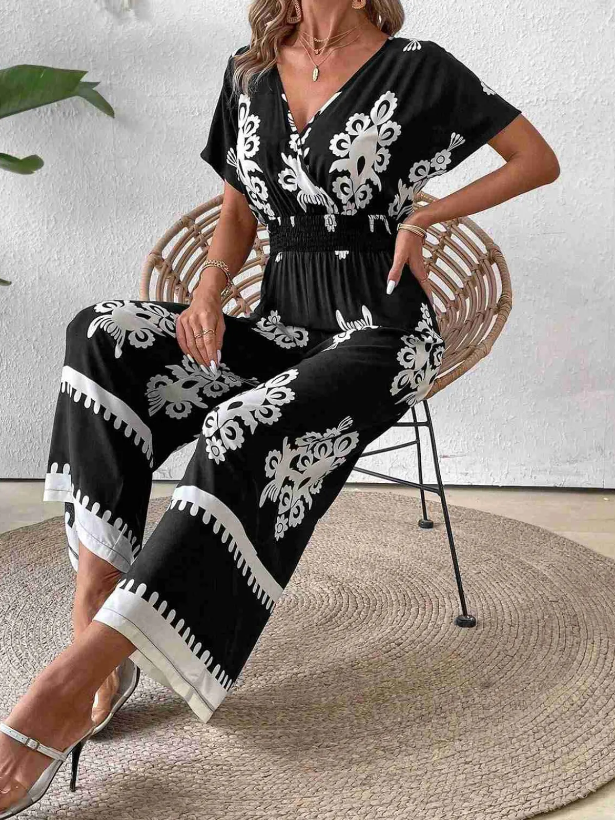 Sale Retro Stage 1930s V-Neck National Totem Wideleg Jumpsuit