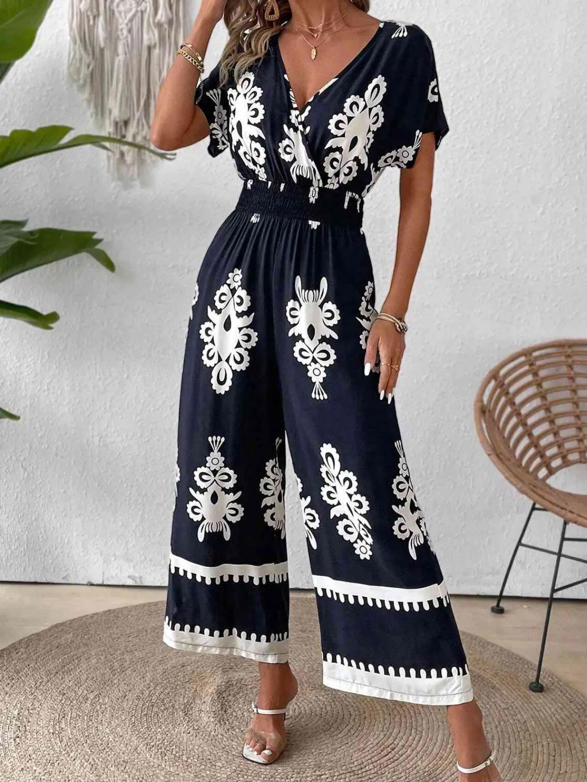 Sale Retro Stage 1930s V-Neck National Totem Wideleg Jumpsuit