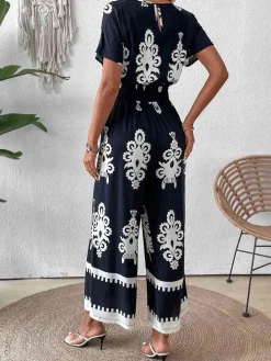 Sale Retro Stage 1930s V-Neck National Totem Wideleg Jumpsuit