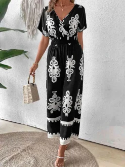 Sale Retro Stage 1930s V-Neck National Totem Wideleg Jumpsuit