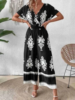Sale Retro Stage 1930s V-Neck National Totem Wideleg Jumpsuit