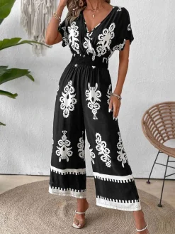 Sale Retro Stage 1930s V-Neck National Totem Wideleg Jumpsuit