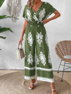Sale Retro Stage 1930s V-Neck National Totem Wideleg Jumpsuit