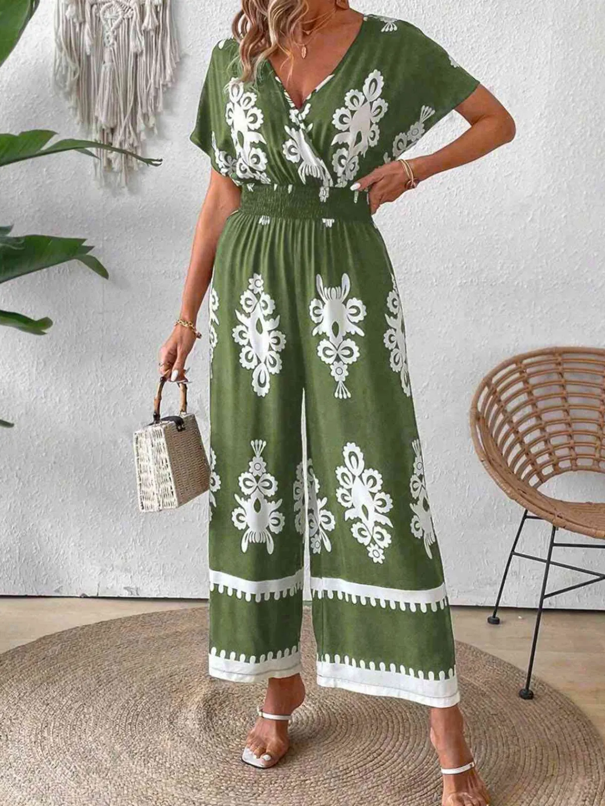 Sale Retro Stage 1930s V-Neck National Totem Wideleg Jumpsuit