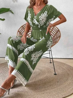 Sale Retro Stage 1930s V-Neck National Totem Wideleg Jumpsuit