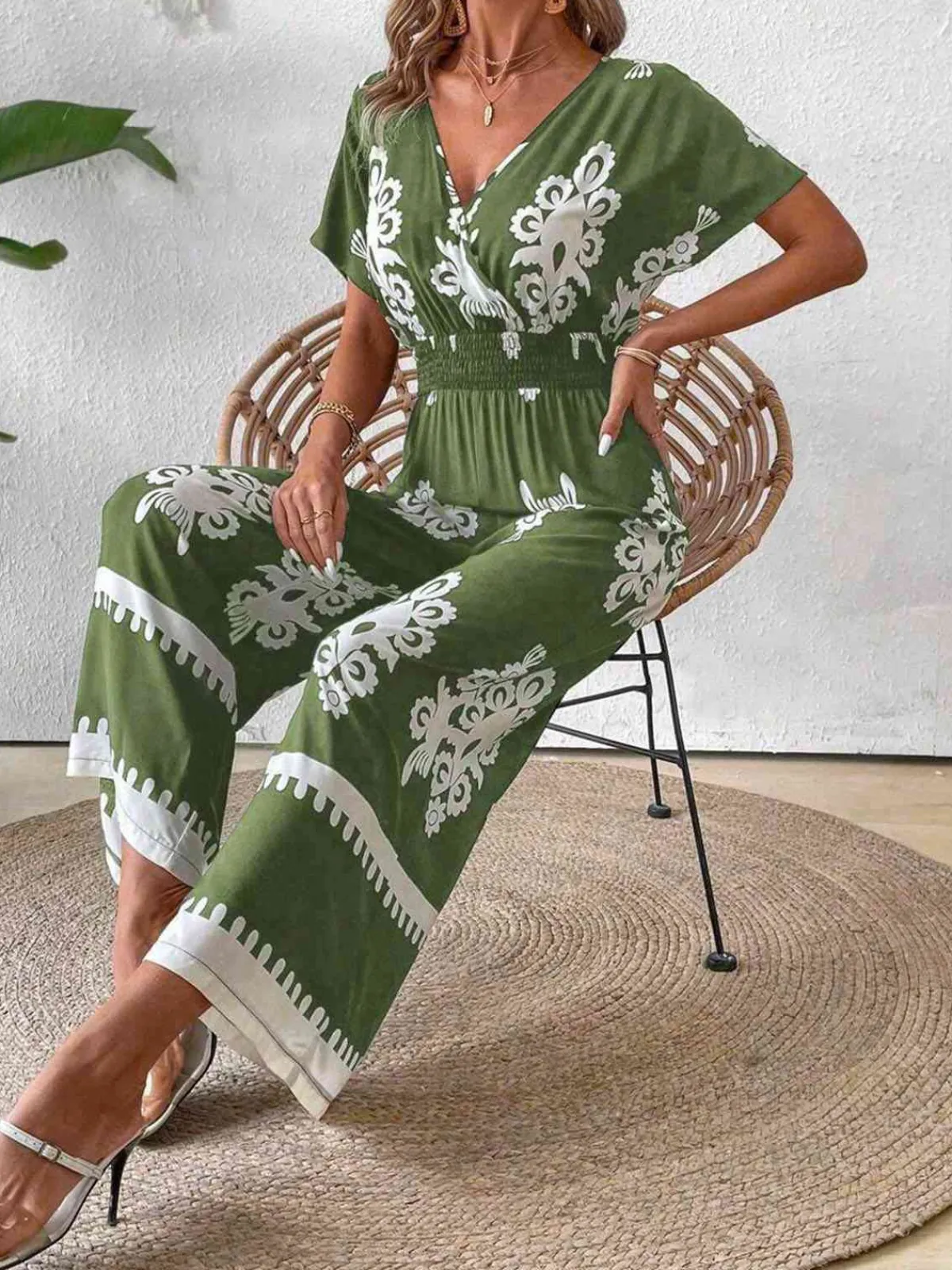 Sale Retro Stage 1930s V-Neck National Totem Wideleg Jumpsuit