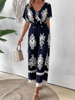 Sale Retro Stage 1930s V-Neck National Totem Wideleg Jumpsuit