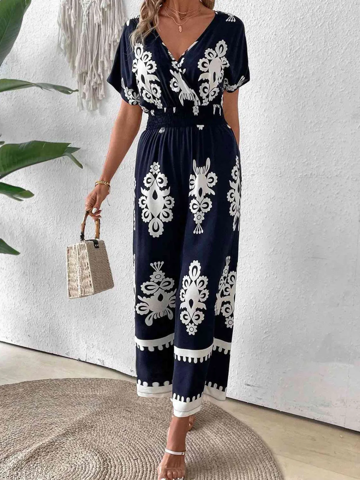 Sale Retro Stage 1930s V-Neck National Totem Wideleg Jumpsuit