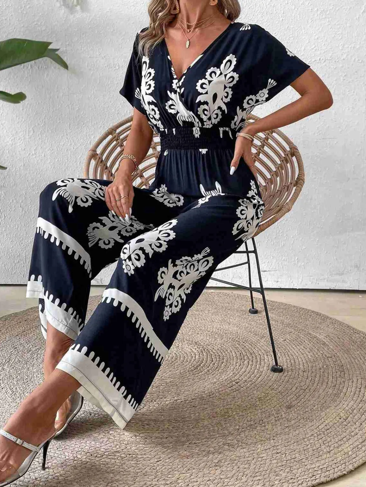 Sale Retro Stage 1930s V-Neck National Totem Wideleg Jumpsuit