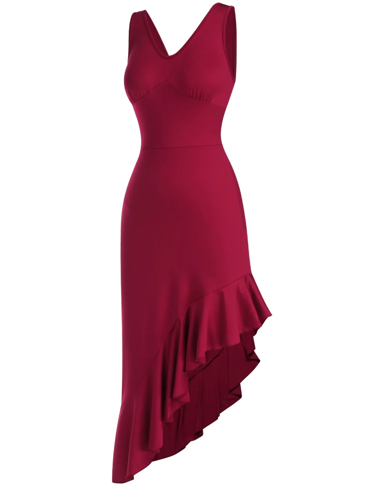 Fashion Retro Stage 1960s V-Neck Oblique Ruffled Hem Sleeveless Dress