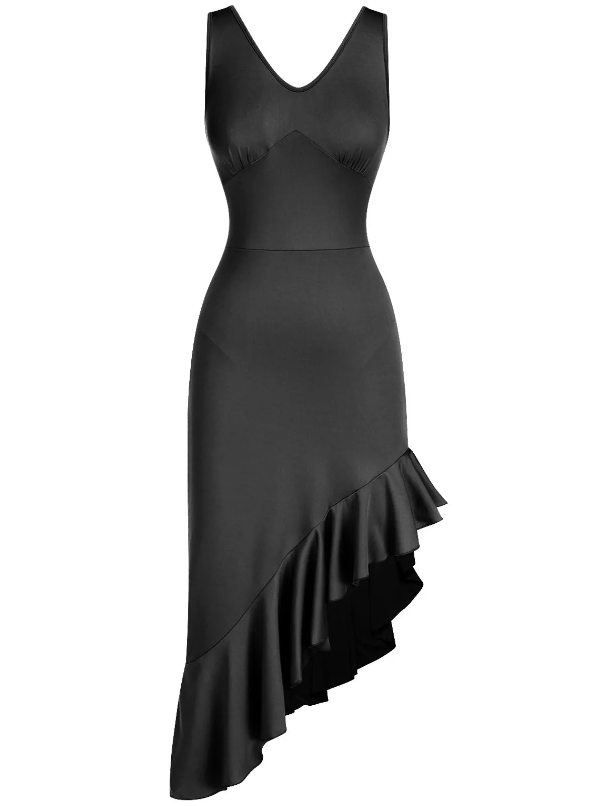 Fashion Retro Stage 1960s V-Neck Oblique Ruffled Hem Sleeveless Dress