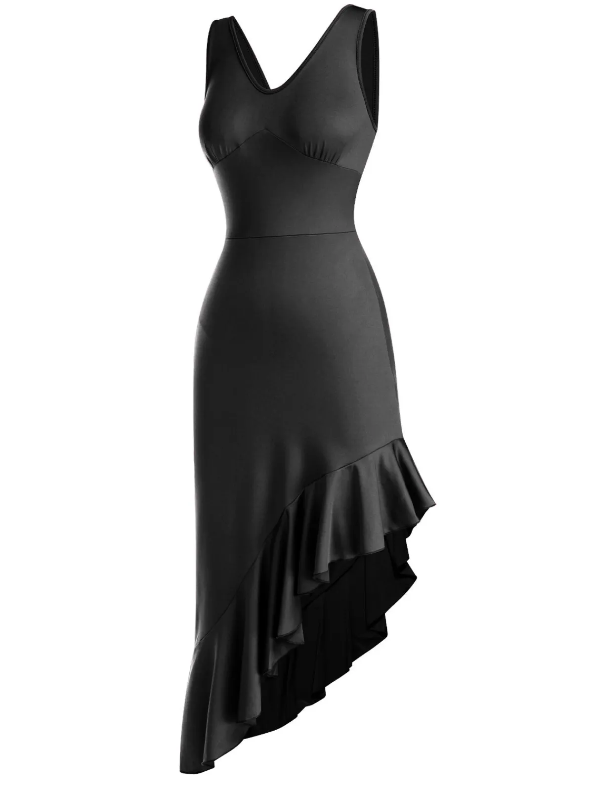 Fashion Retro Stage 1960s V-Neck Oblique Ruffled Hem Sleeveless Dress
