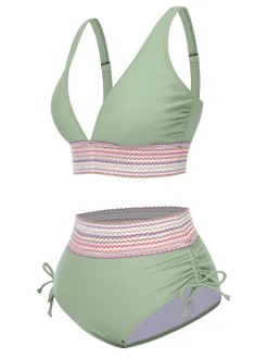 Hot Retro Stage 1970s V-Neck Patchwork High-Waist Bikini
