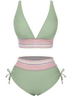 Hot Retro Stage 1970s V-Neck Patchwork High-Waist Bikini