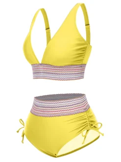 Hot Retro Stage 1970s V-Neck Patchwork High-Waist Bikini