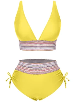 Online Retro Stage 1970s V-Neck Patchwork High-Waist Bikini