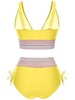 Online Retro Stage 1970s V-Neck Patchwork High-Waist Bikini