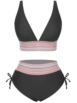 Online Retro Stage 1970s V-Neck Patchwork High-Waist Bikini